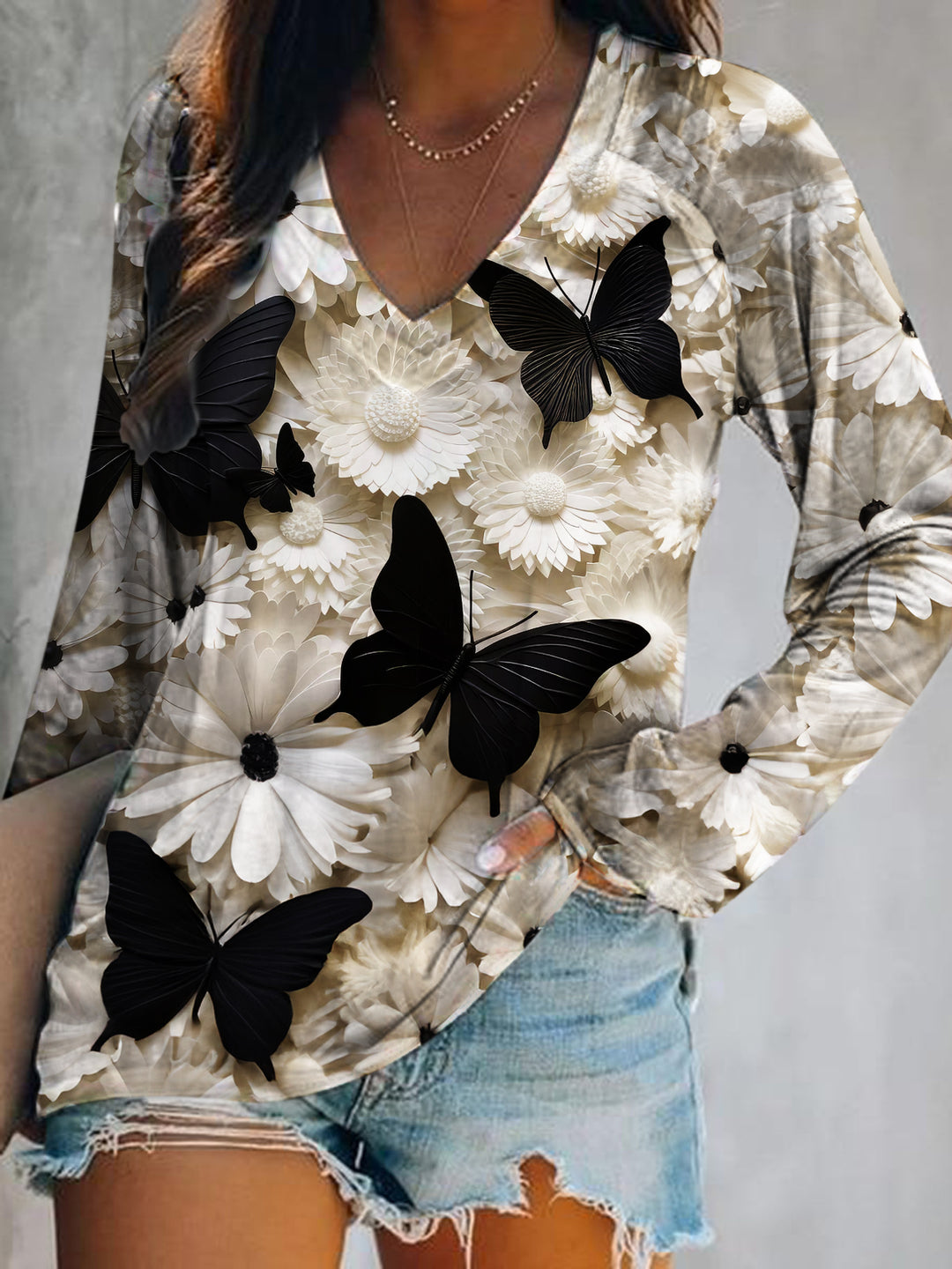 Women's 3D Floral Butterfly Print Long Sleeve Top