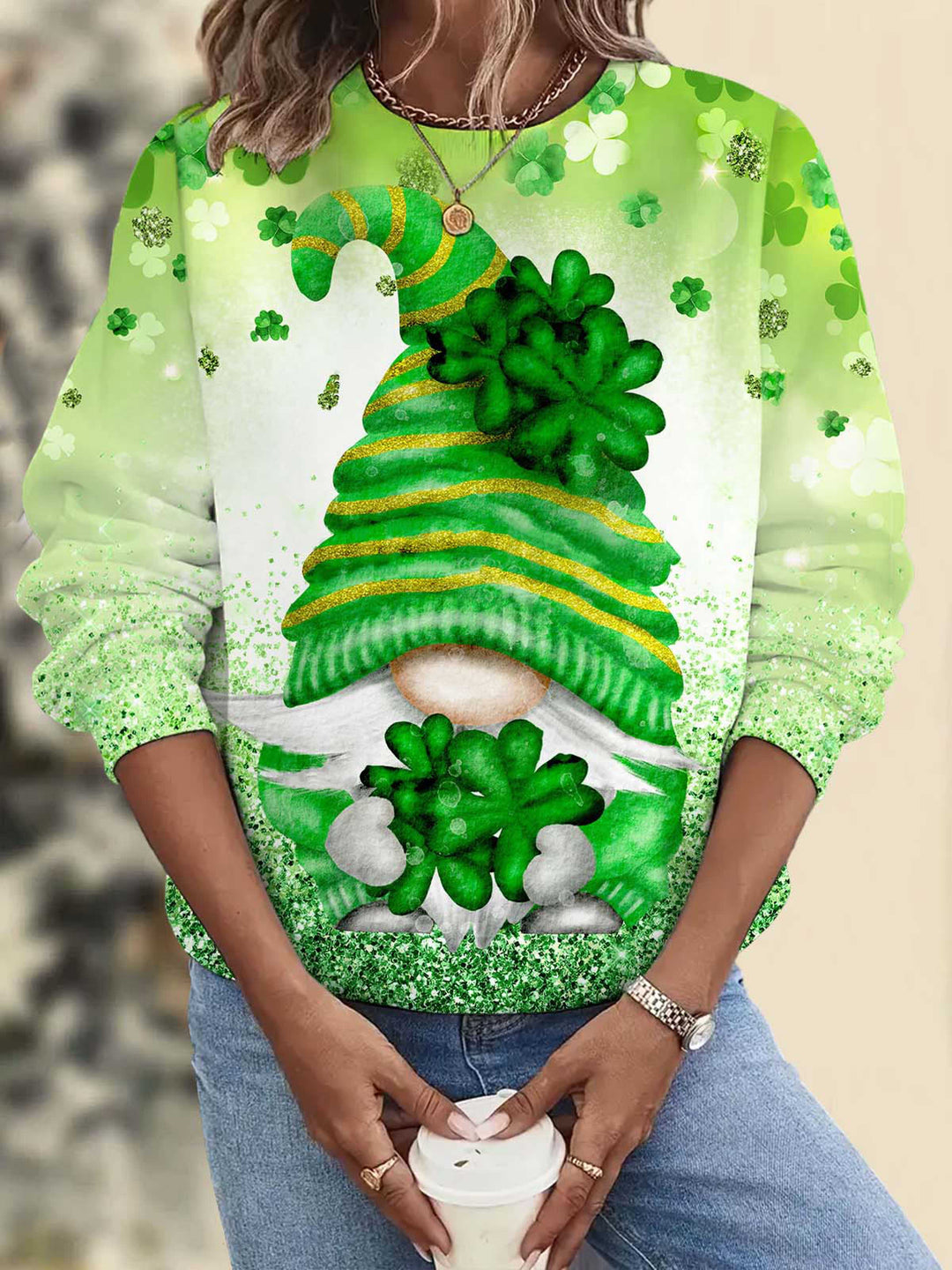St. Patrick's Glitter Gnome Print Crew Neck Long Sleeve Top
