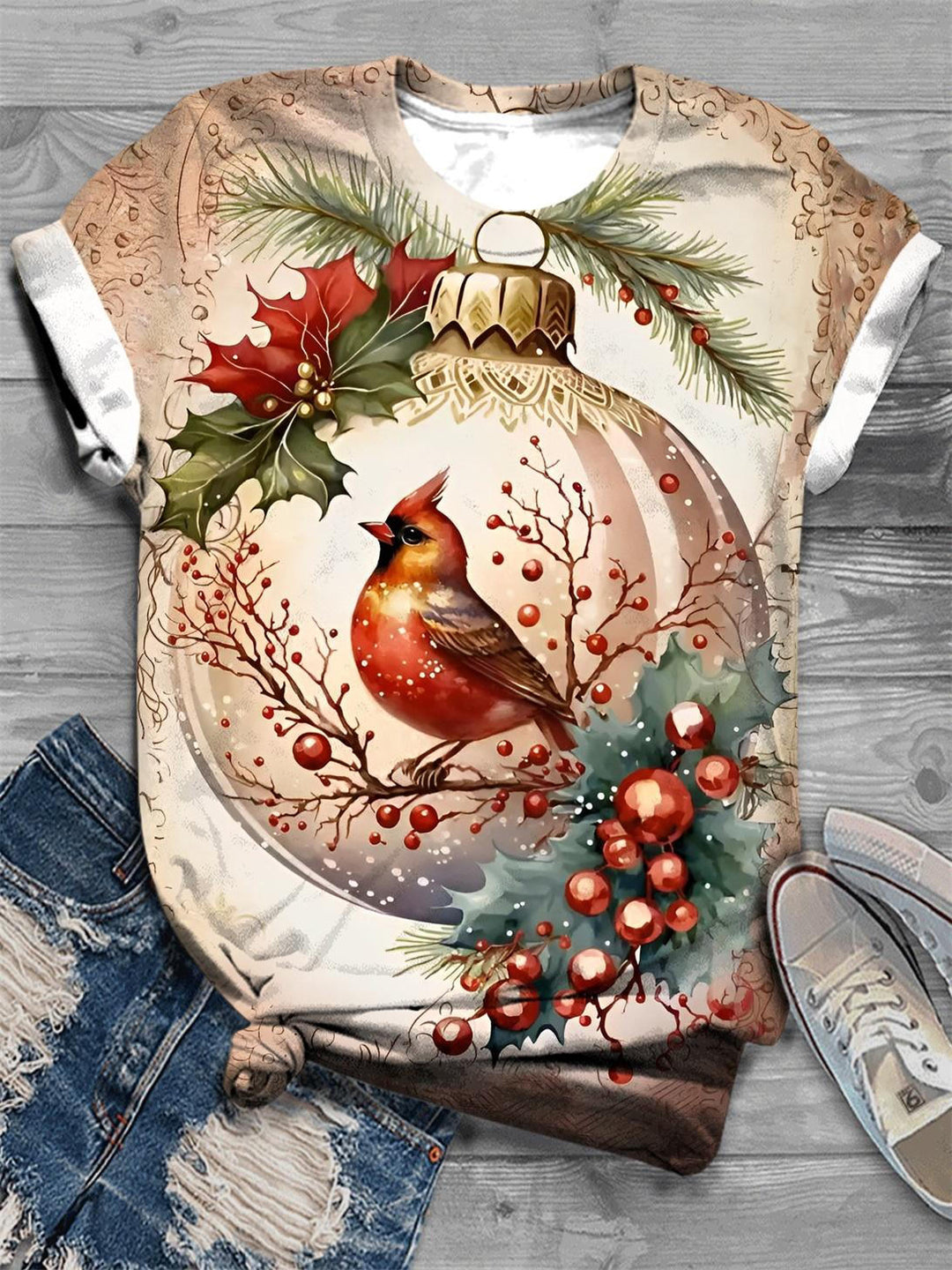 Christmas Red Bird Print Crew Neck Tee