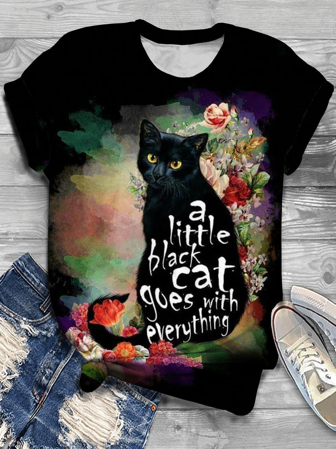 Cat Flower Print Crew Neck T-shirt