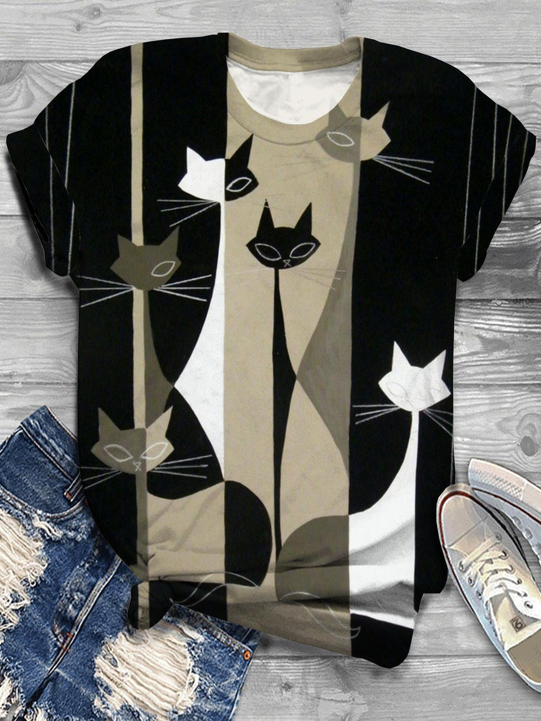 Cat Print Crew Neck T-shirt