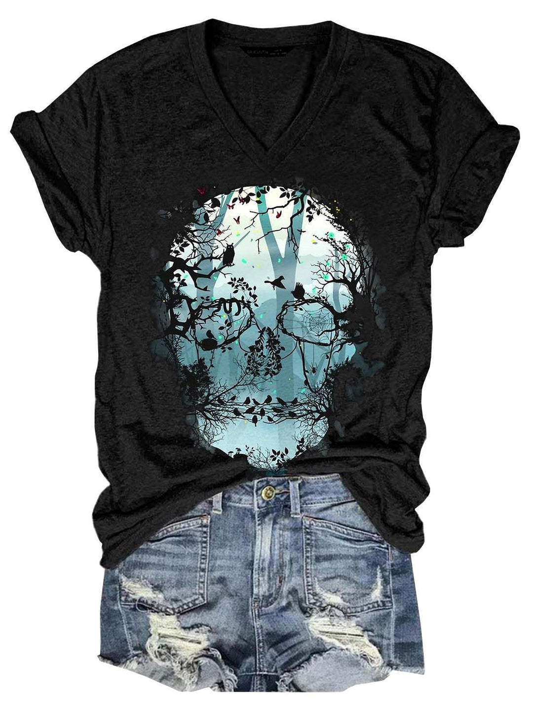 Darkness Skull Bird Forest Tree V-Neck T-Shirt