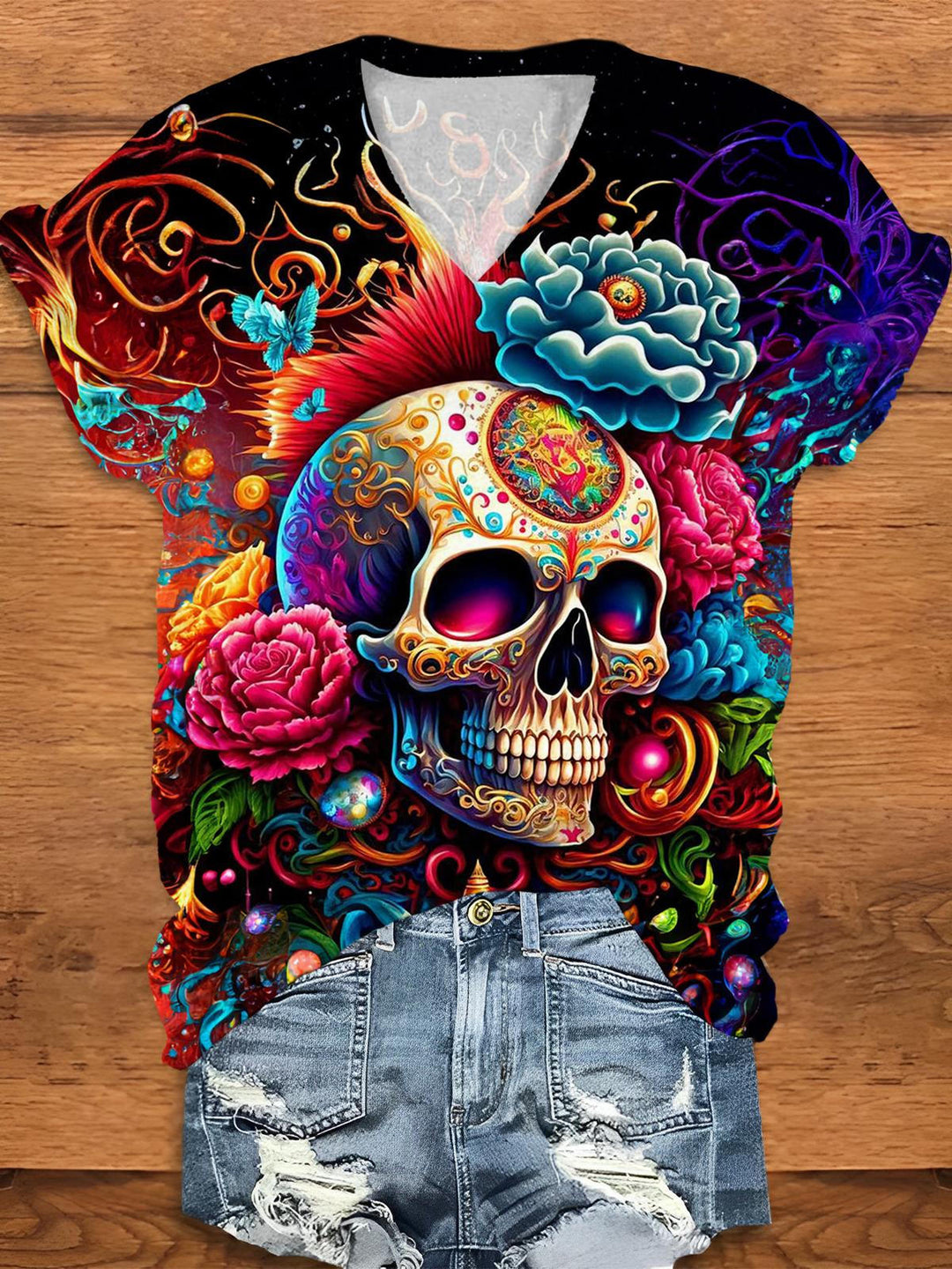 Floral Skull Art V-Neck T-Shirt
