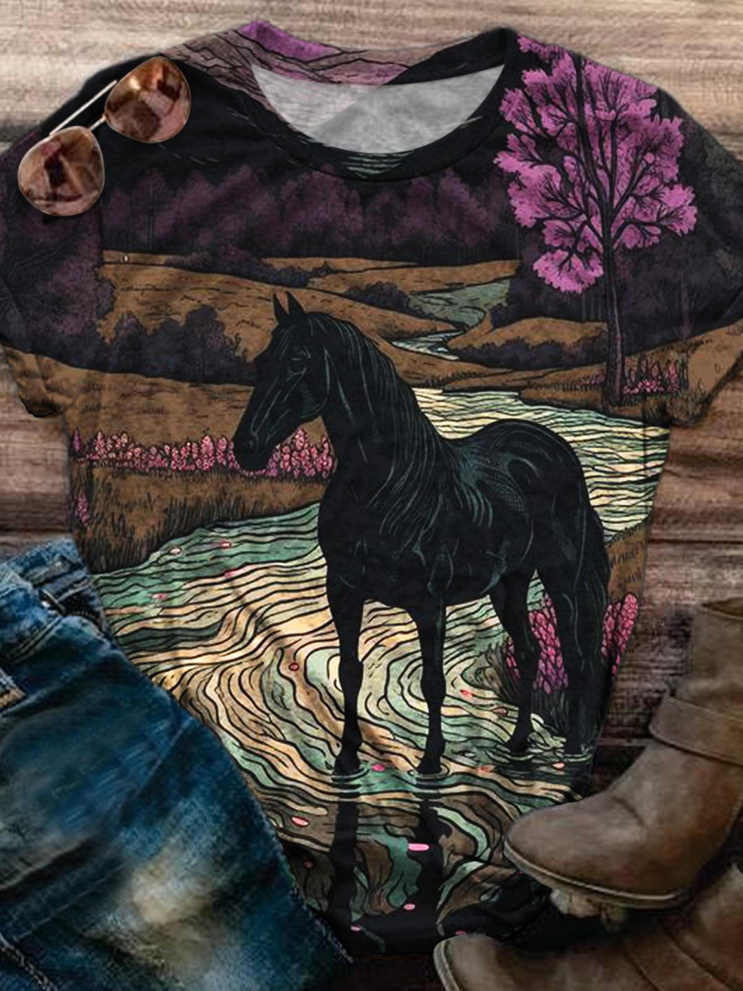 Horse Print Round Neck Short Sleeve T-Shirt