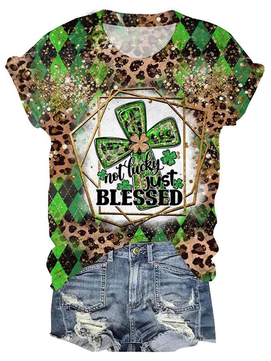 St Patrick's Day Clover Warm Leopard Print Crew Neck T-shirt