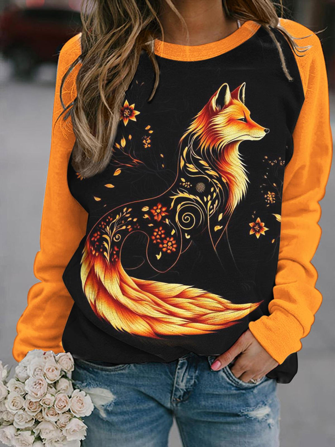 Fall Fox Printed Crew Neck Top