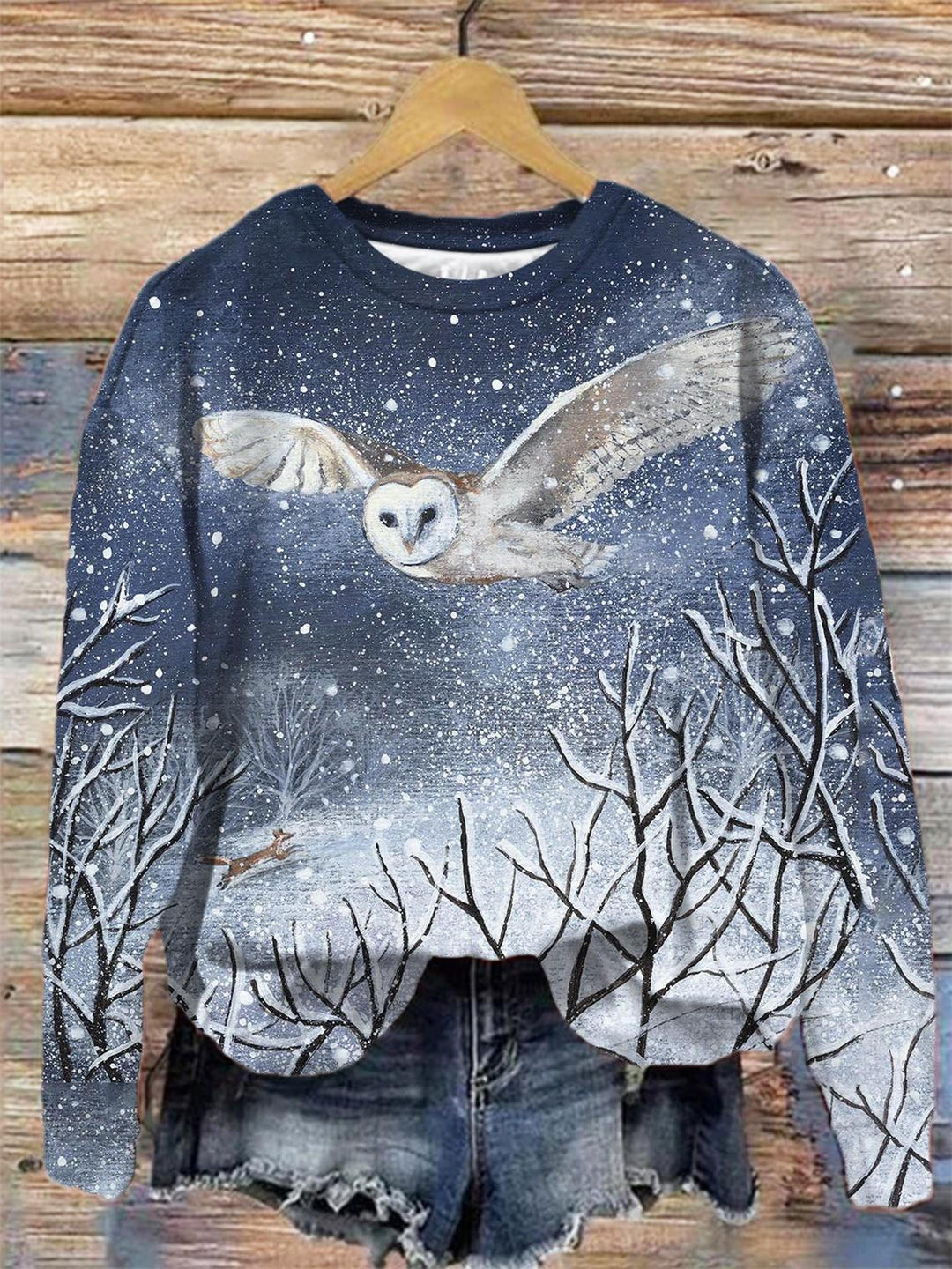 Women's Owl Round Neck Long Sleeve Top