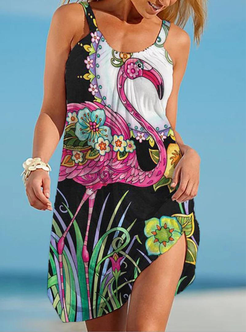 Flamingo Flower Print Casual Beach Dress