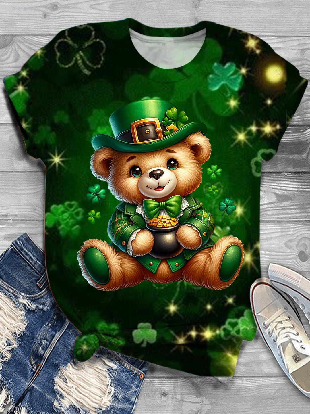 St Patrick Teddy Bear Print Crew Neck T-shirt
