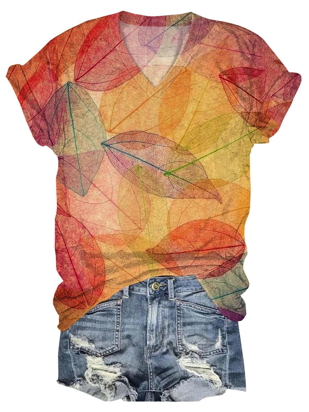 Autumn Leaves Print V Neck T-Shirt