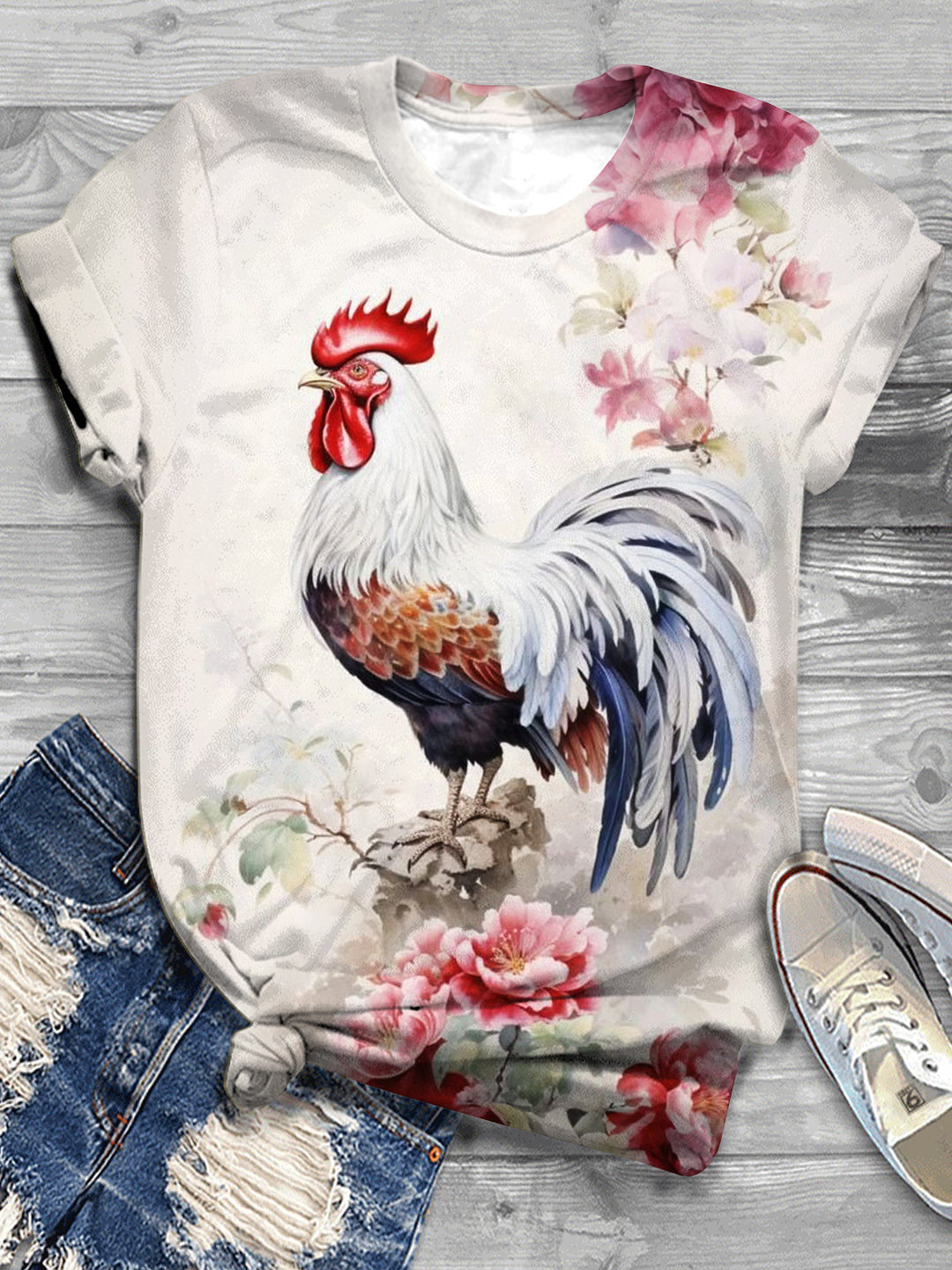 Flower Chicken Crew Neck T-shirt