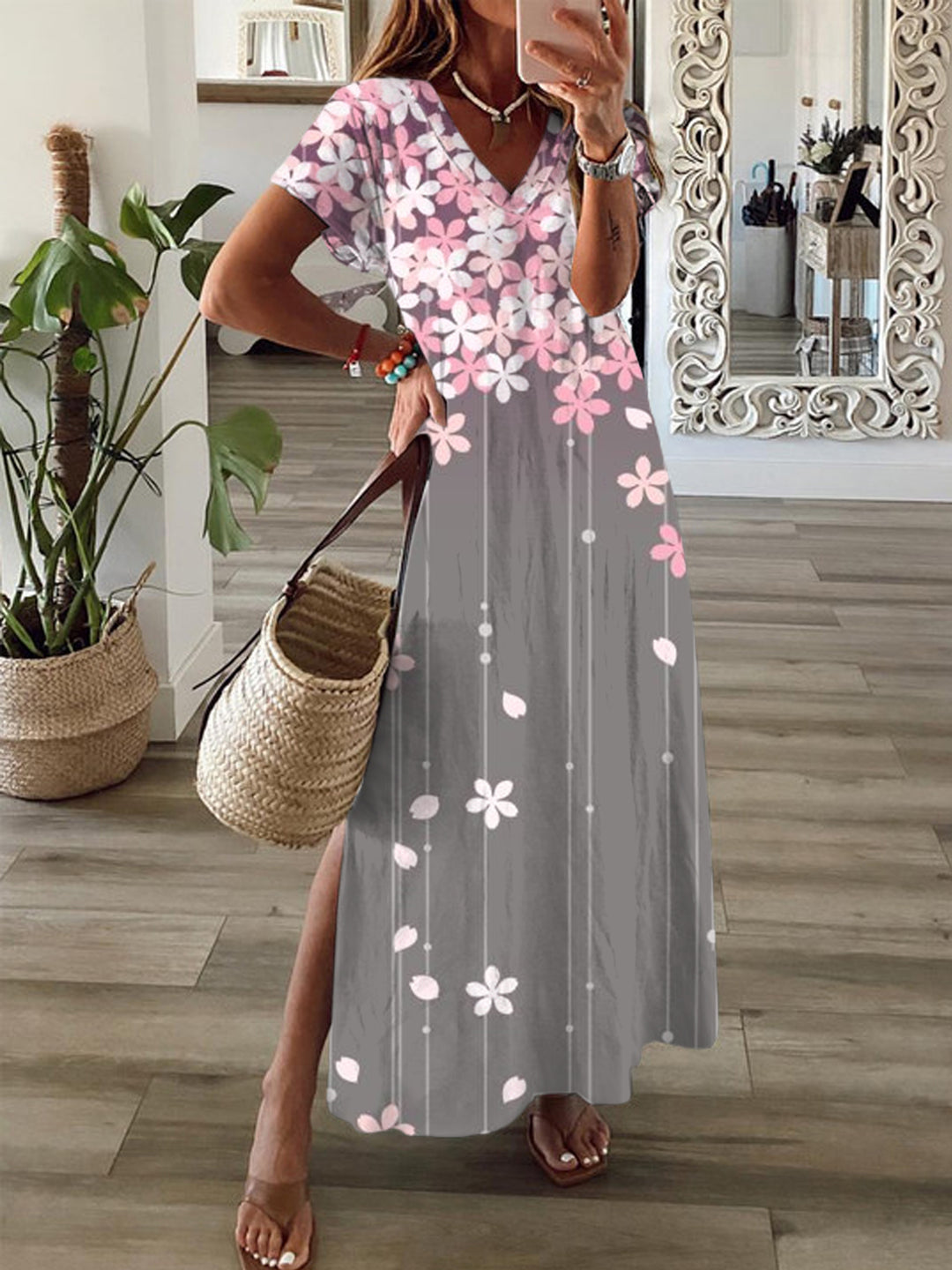 Sakura Short Sleeve V Neck Maxi Dress