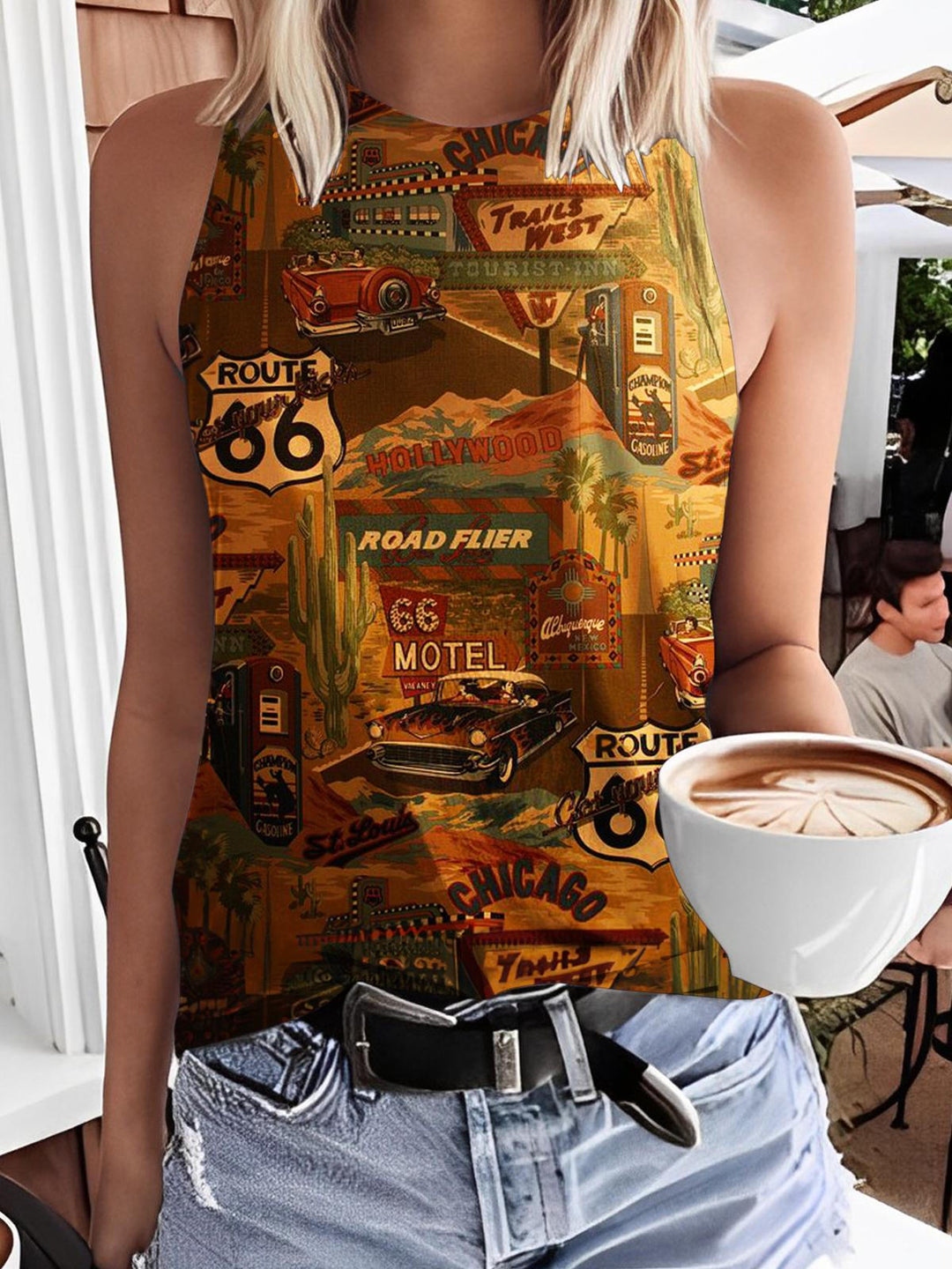 Route 66 Print Vintage Casual Sleevelss Top