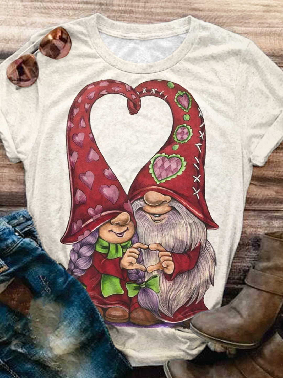 Love Gnomes Print Short Sleeve Crew Neck T-Shirt