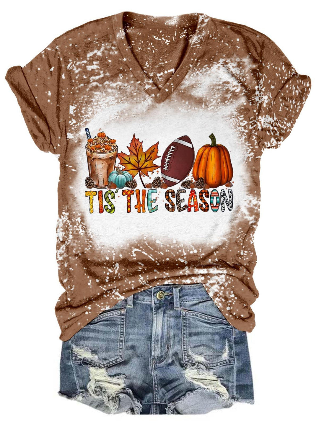 Tis The Season Football Pumpkin Tie Dye V Neck T-Shirt