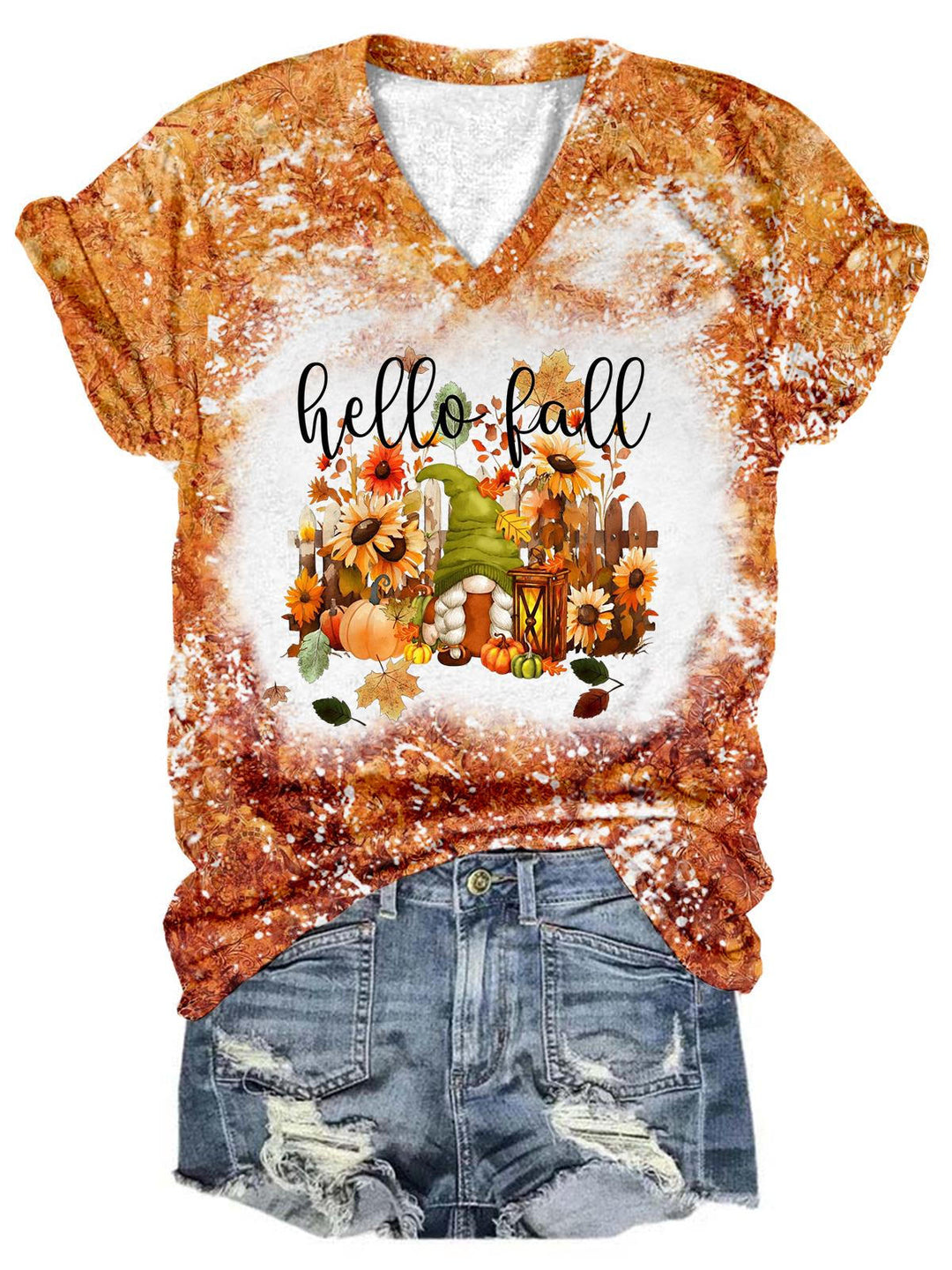 Hello Fall Gnome Tie Dye V Neck T-Shirt