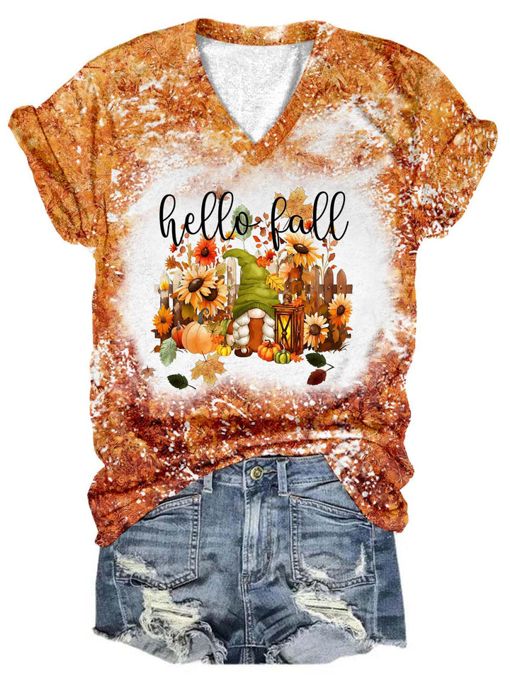 Hello Fall Gnome Tie Dye V Neck T-Shirt