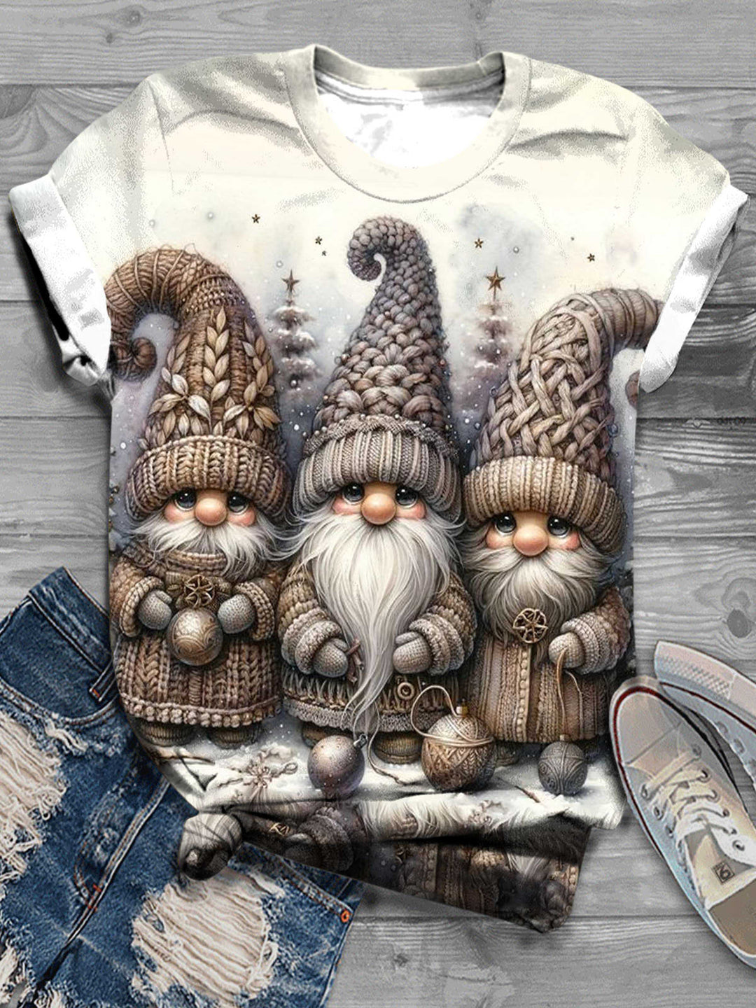 Winter Gnome Print Casual Round Neck T-Shirt