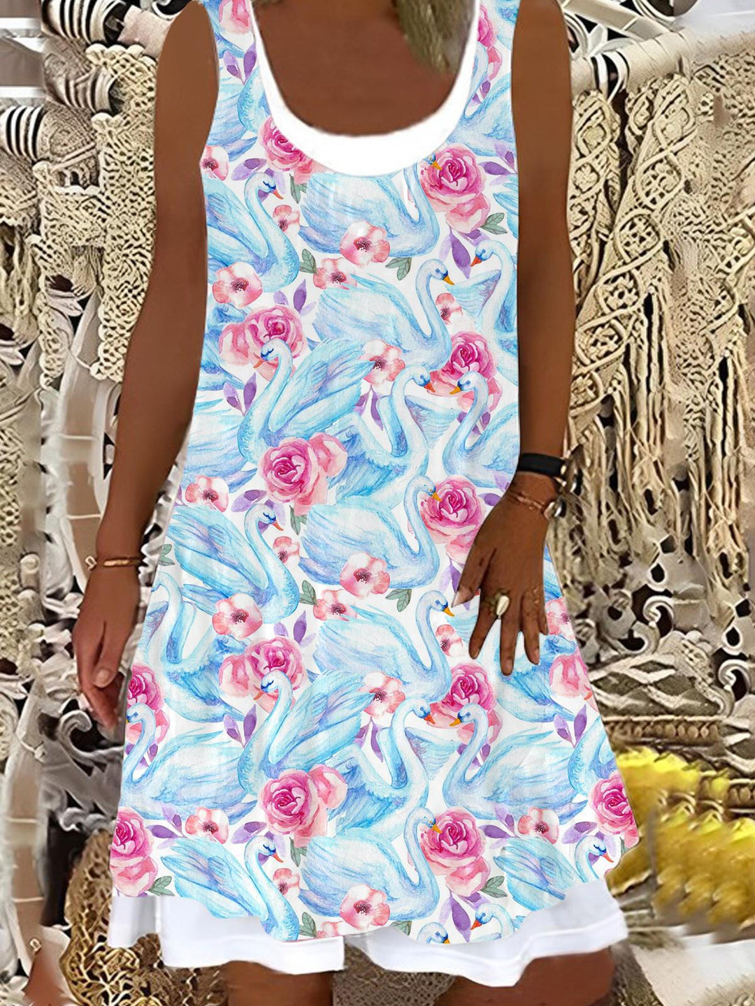 Swan Flower Ladies False Two Dress