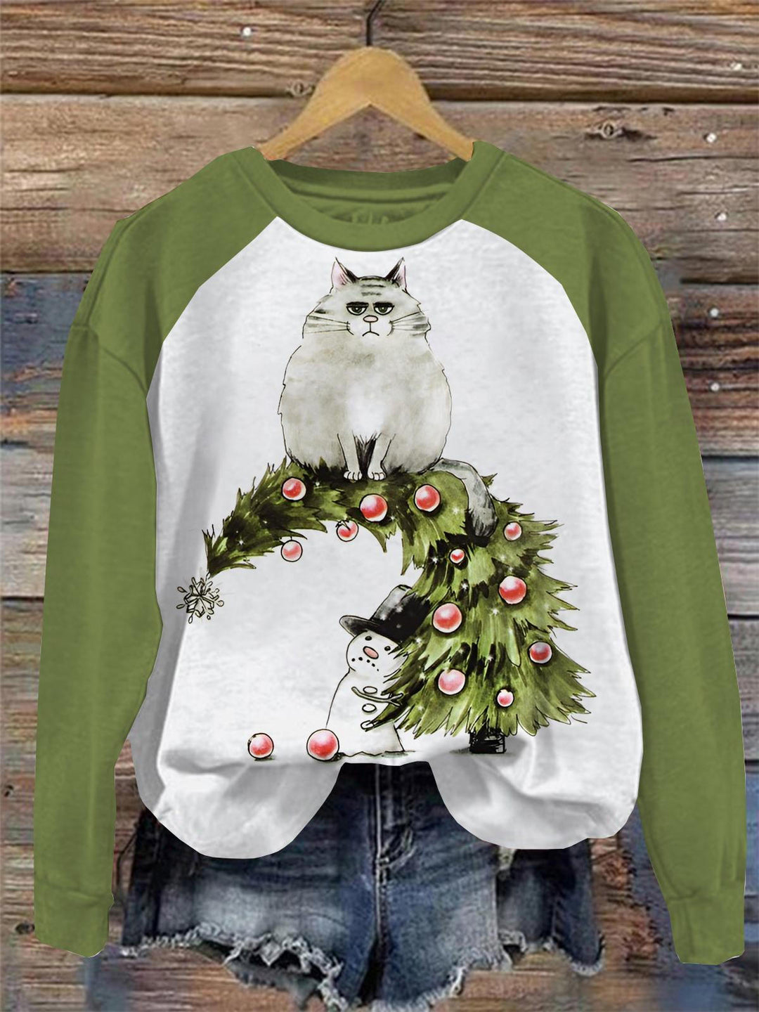 Christmas Tree Snowman Print Round Neck Long Sleeve Top
