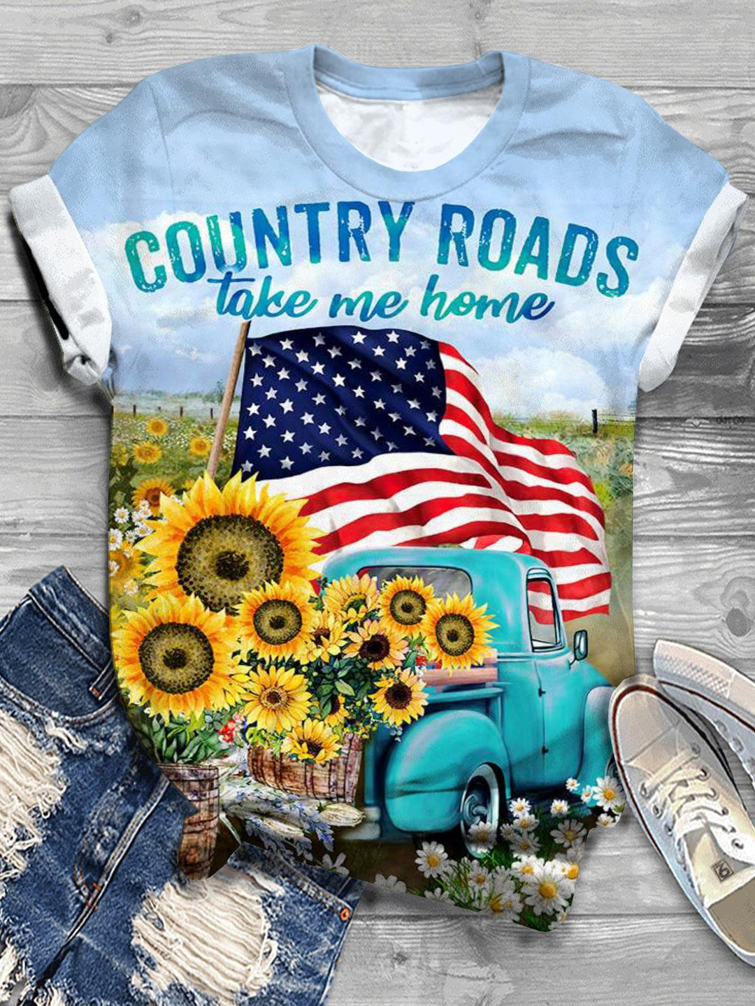 Country Western Farm Print Crew Neck T-shirt