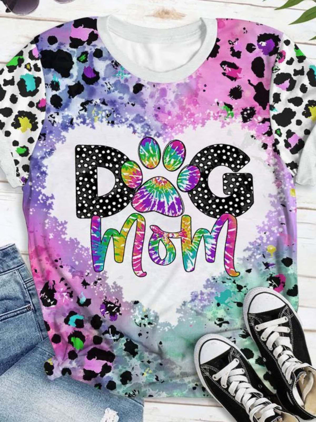 Leopard Dog Paw Crew Neck Tie Dye T-shirt
