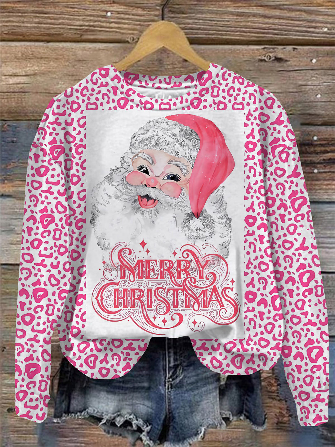 Pink Leopard Santa Print Round Neck Long Sleeve Top