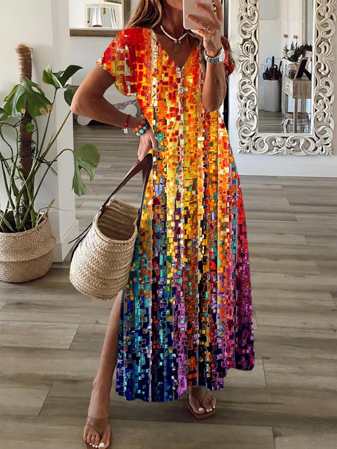Geometry Short Sleeve V Neck Maxi Dress