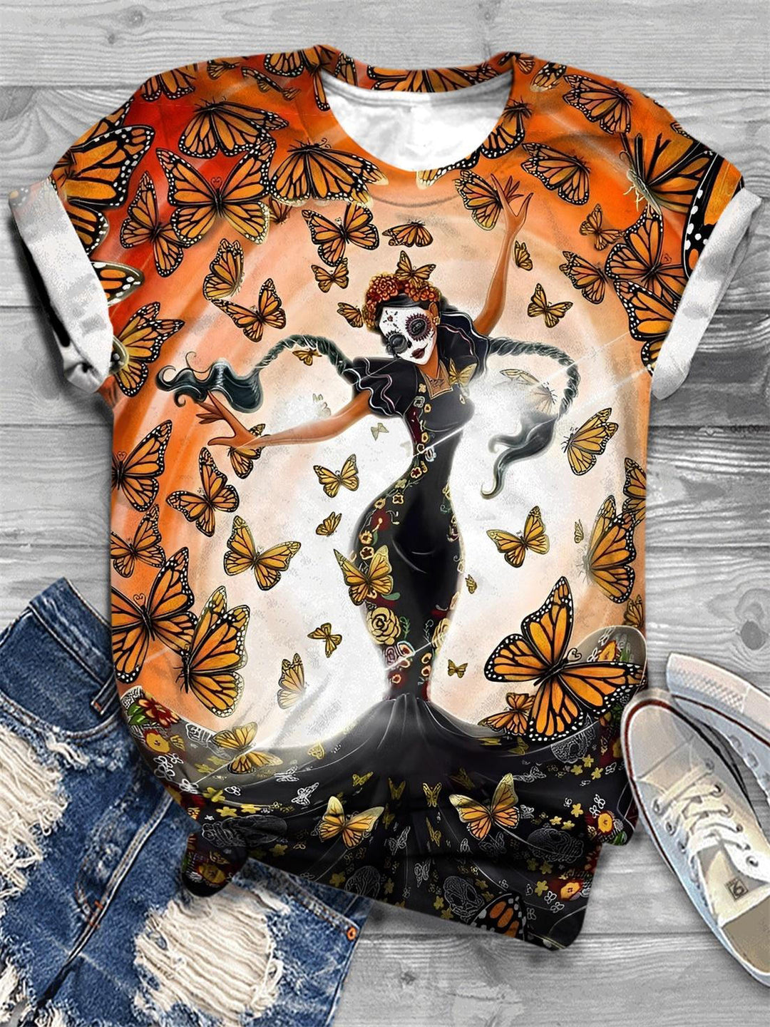 Dìa de los Muertos Girl Butterfly Crew Neck T-Shirt