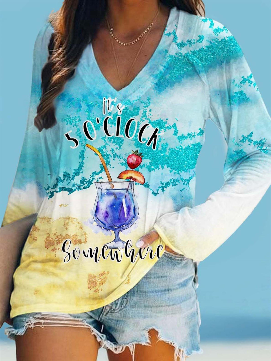 It's 5 O'Clock Somewhere Print V Neck Long Sleeve Top