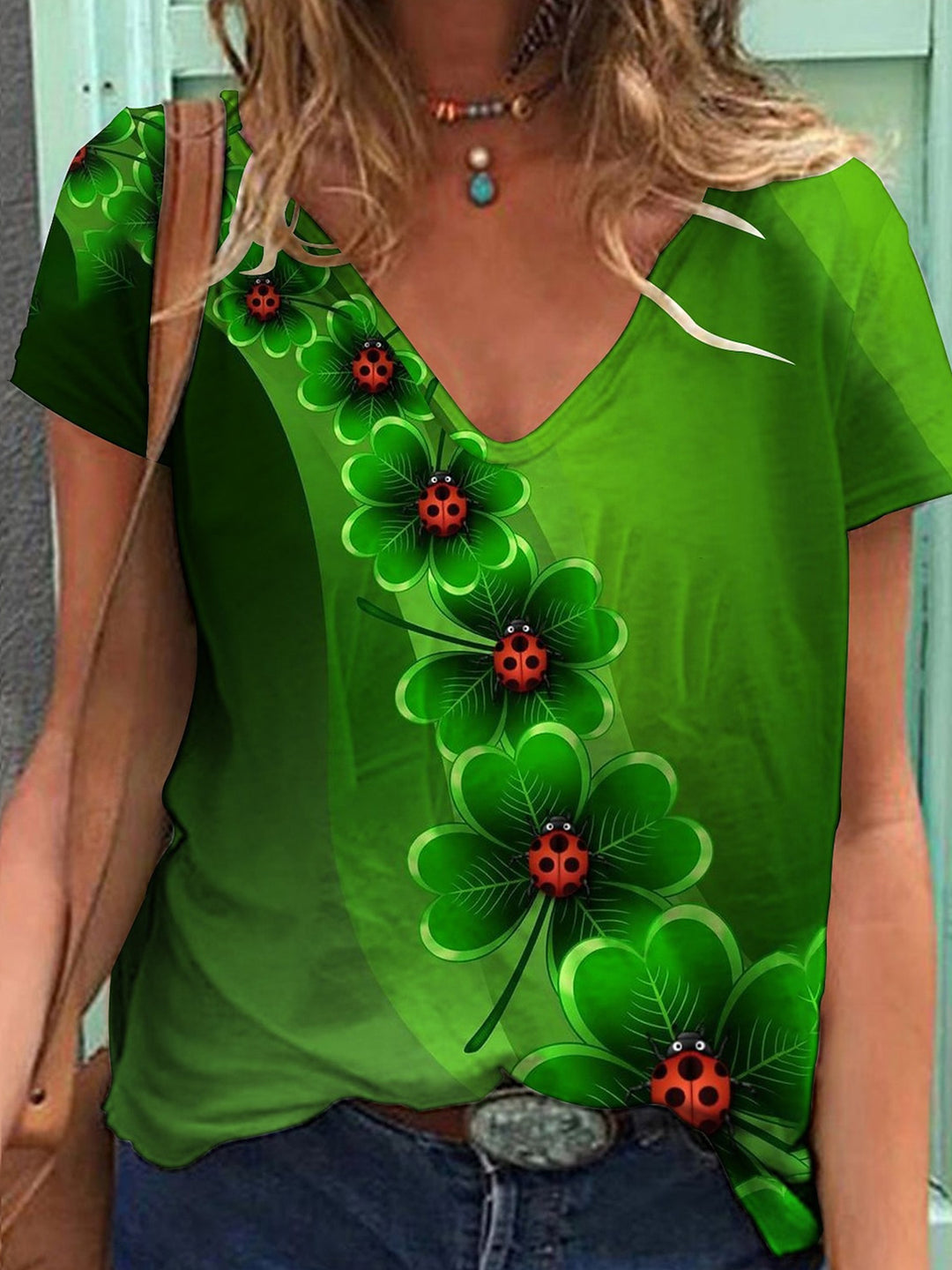 St. Patrick’s Day Beetle V-Neck Short Sleeve T-Shirt