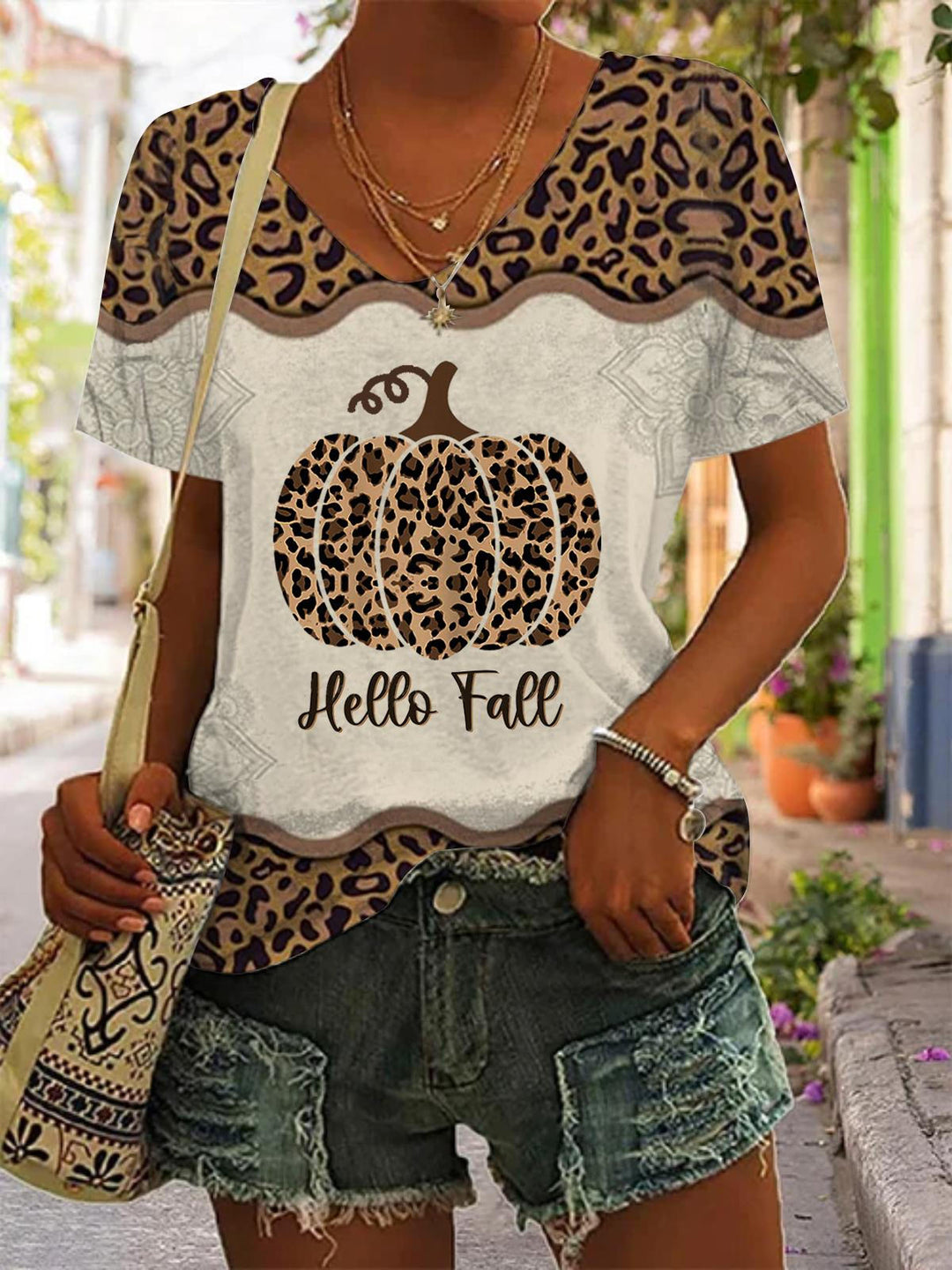 Fall Pumpkin Leopard Print Casual Top