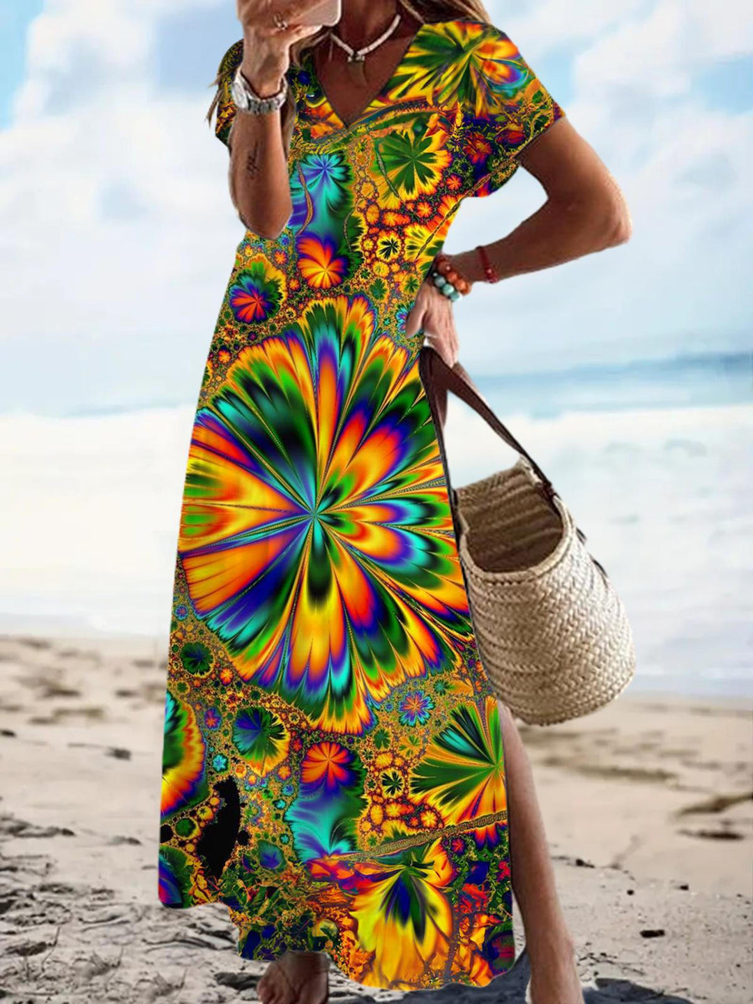 Abstract Colorful Flowers Short Sleeve V Neck Maxi Dress