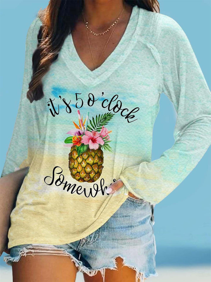 It's 5 O'Clock Somewhere Print V Neck Long Sleeve Top