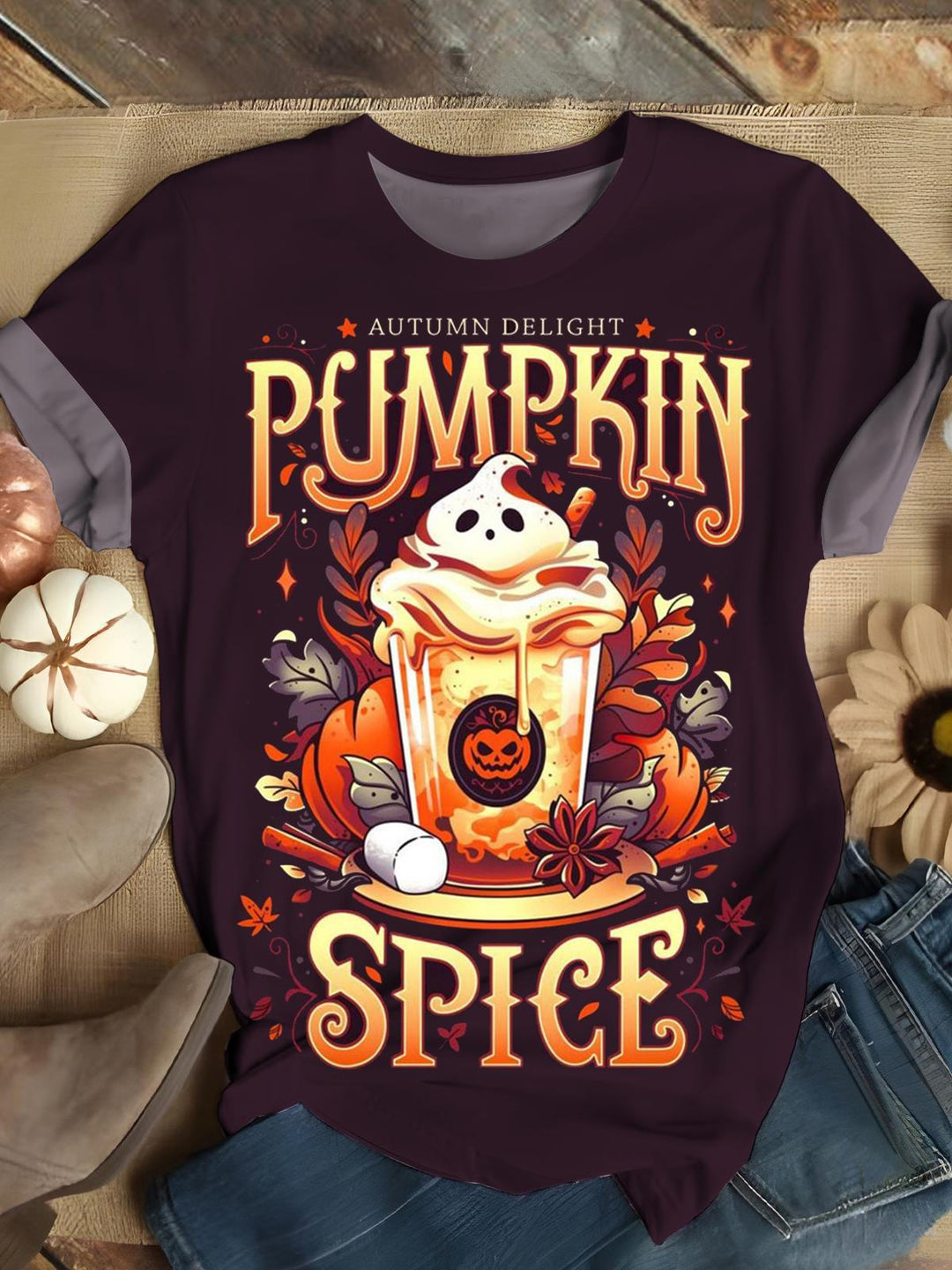 Autumn Delight Pumpkin Spice Print Crew Neck T-shirt