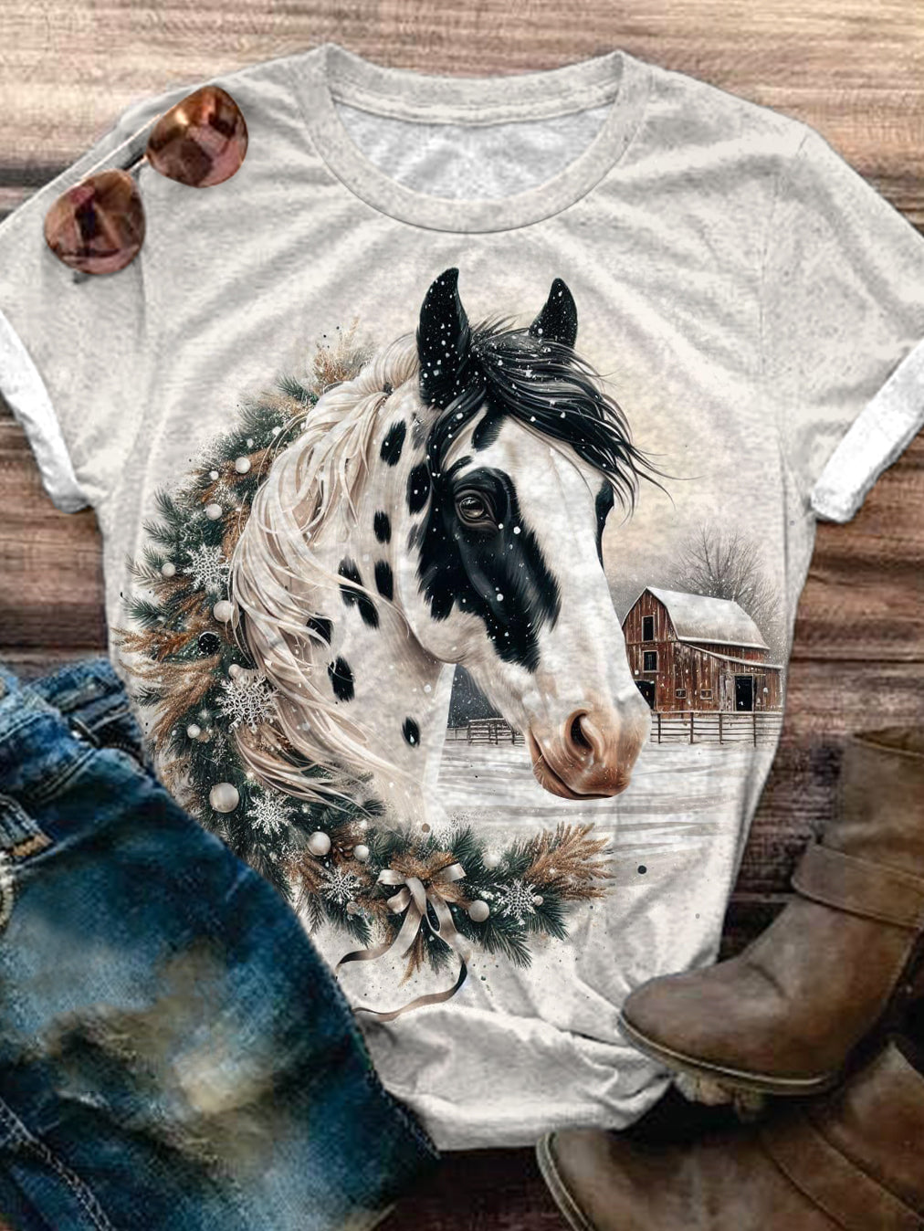 Winter Horse Print Crew Neck T-shirt