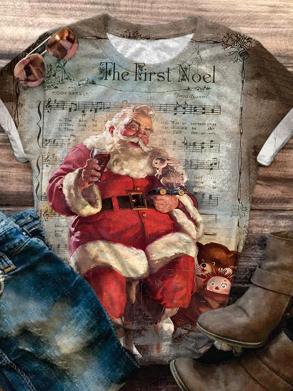 Vintage Santa Print Crew Neck T-shirt