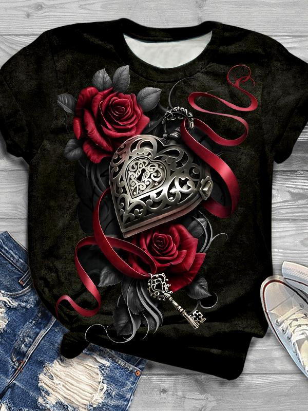 Heart Locket Rose Print Crew Neck T-Shirt