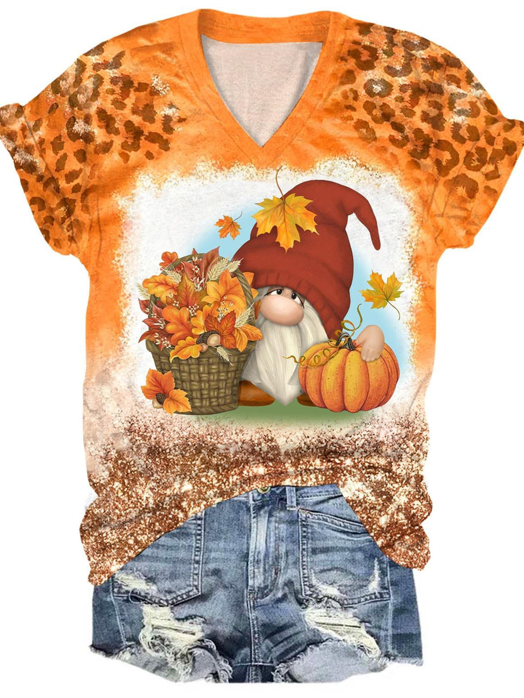 Autumn Cute Gnome Pumpkin Print T-Shirt
