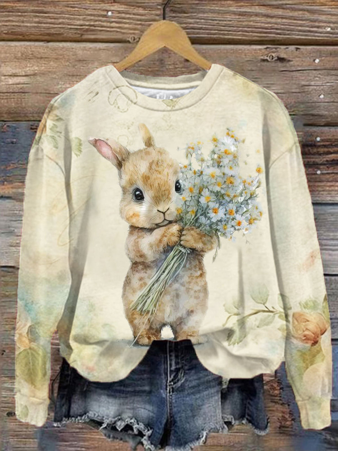 Women's Floral Rabbit Print Long Sleeve Top