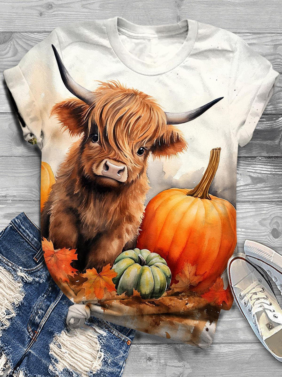 Pumpkin Highland Cow Print Crew Neck T-Shirt