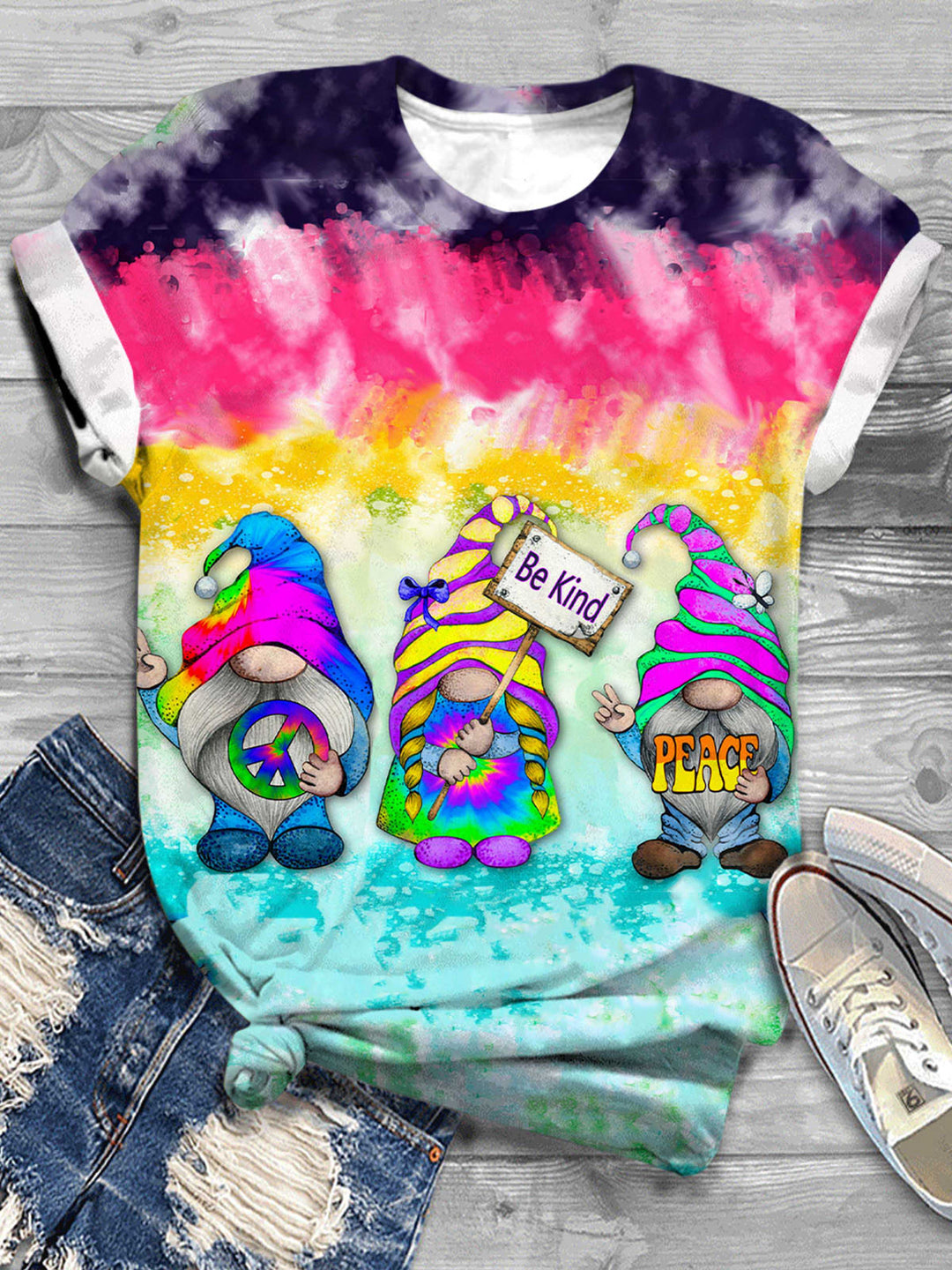 Hippie Gnome Print Crew Neck T-Shirt