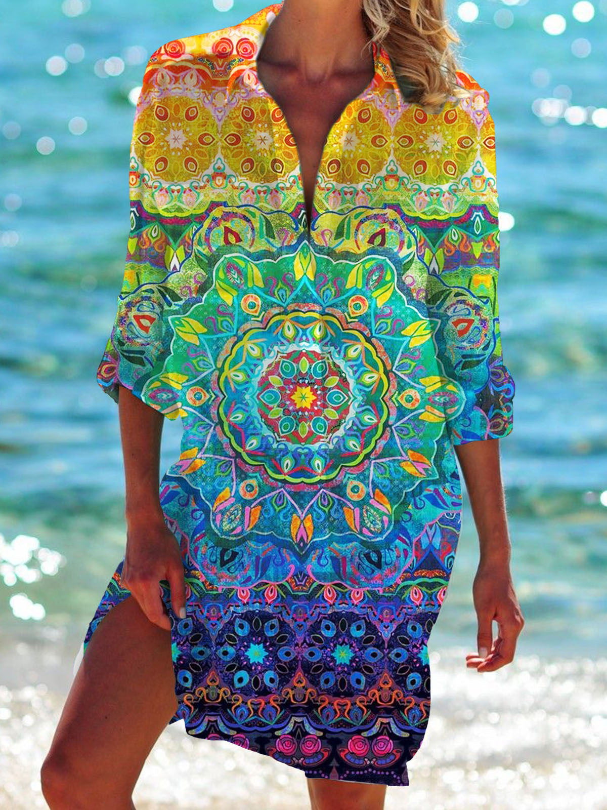 Gradient Vintage Flower Long Sleeve Beach Shirt Dress – Wonder closets