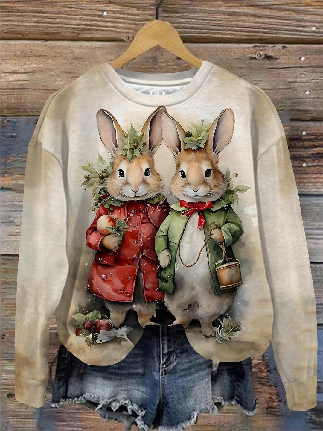 Vitange Rabbit Print Round Neck Long Sleeve Top