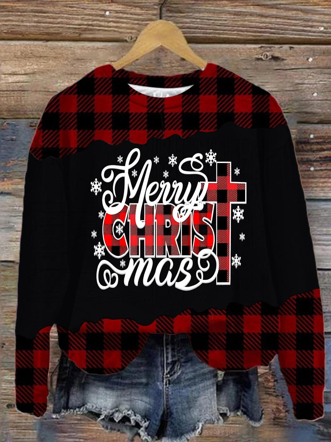 Merry Christmas Plaid Cross Long Sleeve Top