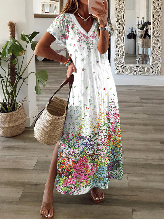 Flower Short Sleeve V Neck Maxi Dress