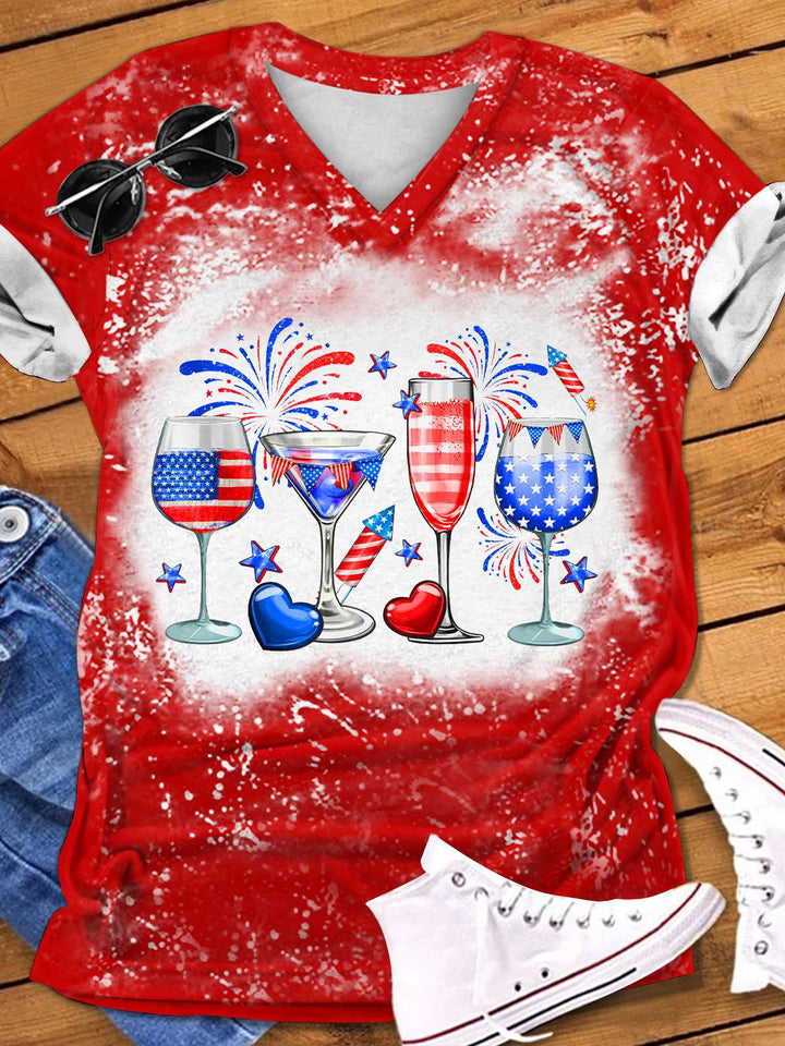4th Of July Wine Glasses Print V-Neck T-Shirt