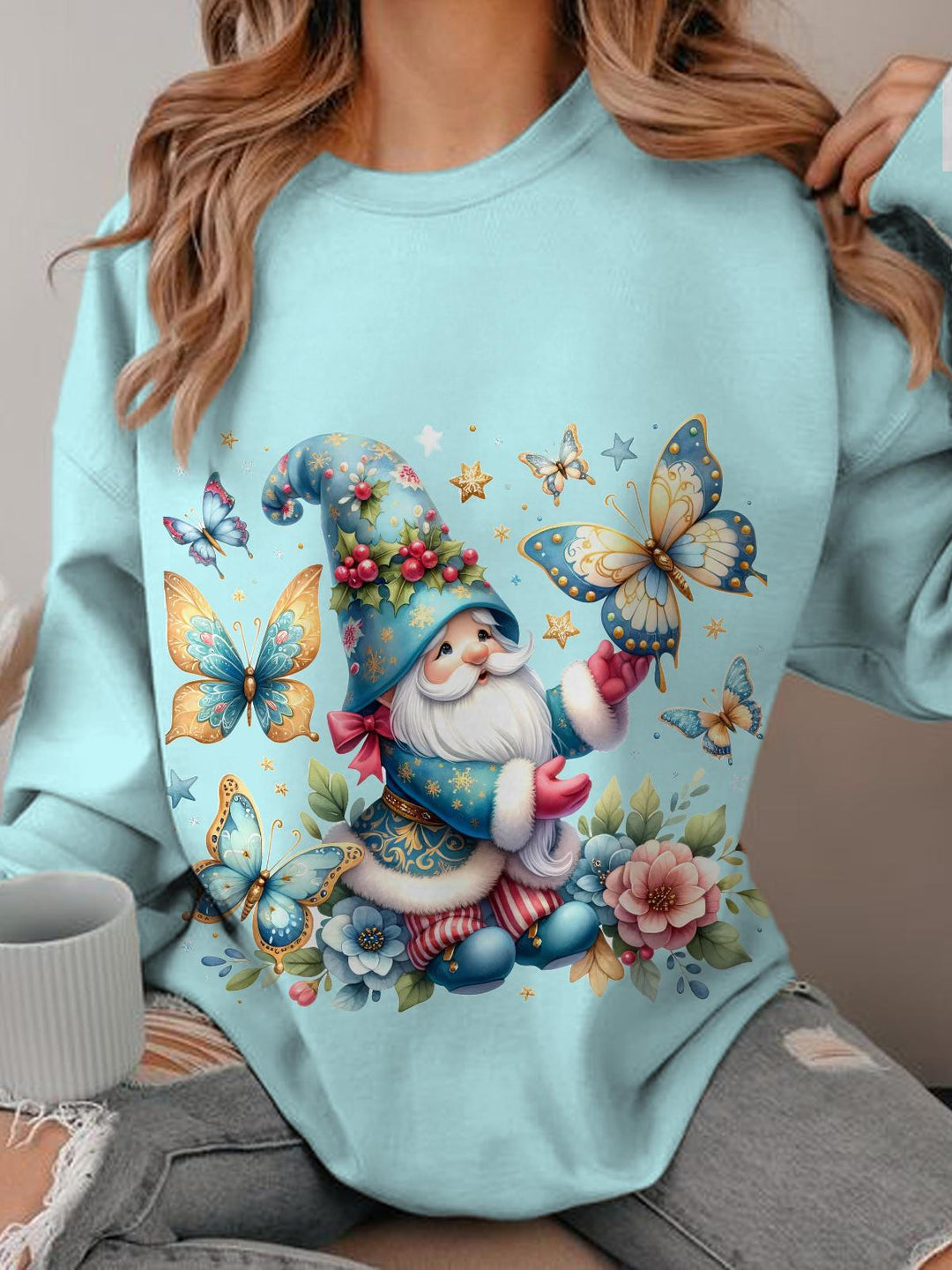 Women's Floral Butterfly Gnome Print Round Neck Long Sleeve Top