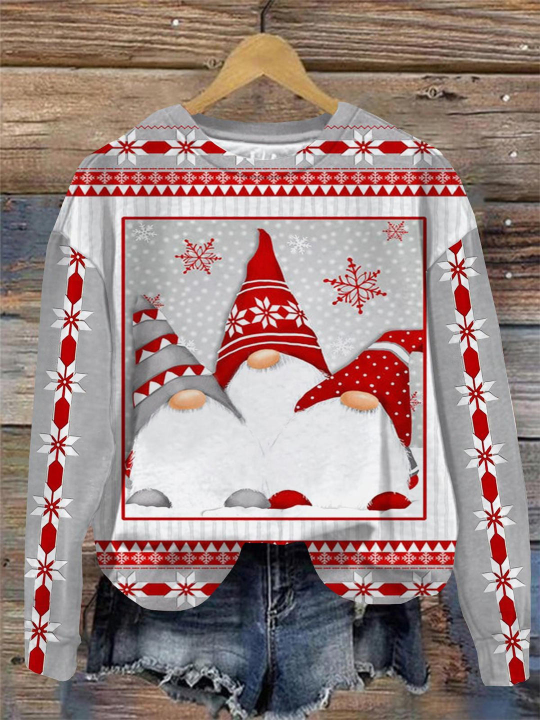 Christmas Gnomes Round Neck Long Sleeve Top