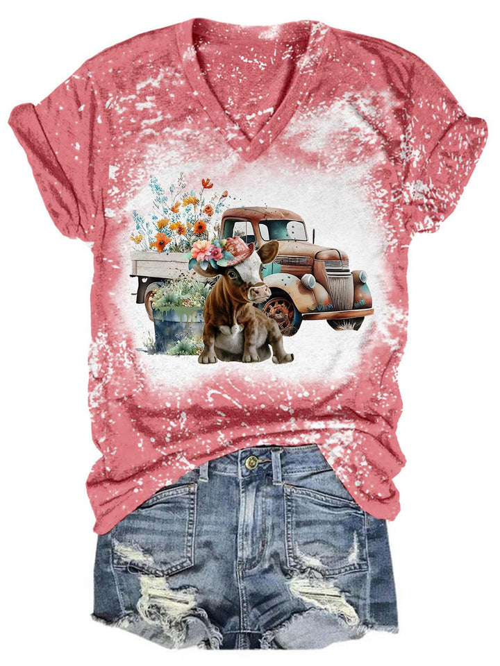 Flower, Truck Calf Tie Dye V Neck T-Shirt